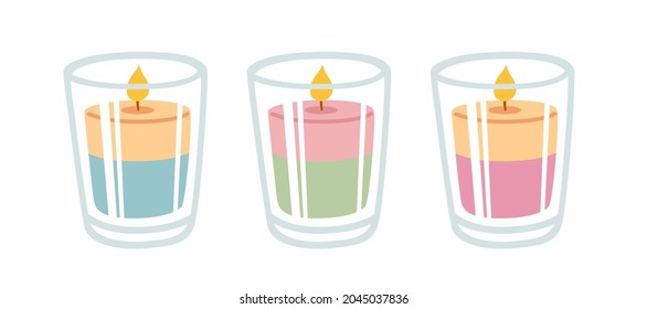 Candles in glass jar. Hand-drawn burning scented candle. Home aromatherapy, hygge home decoration. Cartoon vector illustration.