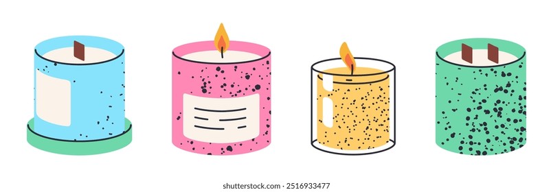 Velas en frascos de vidrio. Velas decorativas de cera perfumada en tarro, velas minimalistas lindas, aromaterapia y conjunto de Ilustración vectorial plana de decoración interior para el hogar. Velas de aroma en blanco