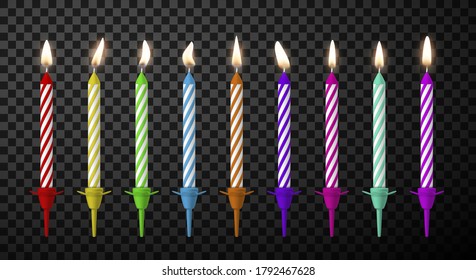 Candles glowing, burning for birthday cake are in candlesticks realistic set. Holiday light flame. Christmas multicolored striped decoration. Vector candle isolated on transparent background.