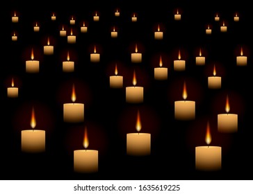 Candles glowing in dark abstract realistic vector background for web and print, with warm lights and blurred backdrop, like in church or romantic date, meditative mood, or remembrance day 