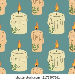 Candles with a green branch, seamless pattern. The concept of coziness and home comfort. Flat design, cartoon hand drawn, vector illustration.