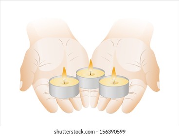 Candles in the hands. Vector on white background