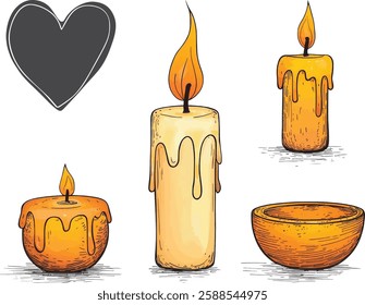 Candles and Heart Vector Illustration, Isolated on White Background