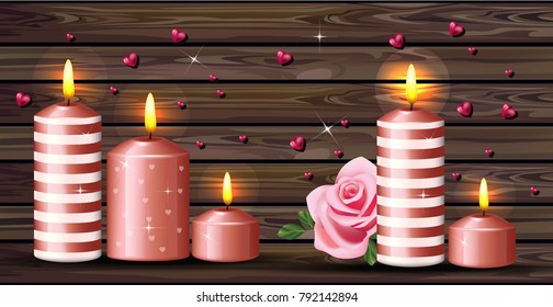 Candles and hearts romantic background. Valentine day template with wooden texture decor Vector