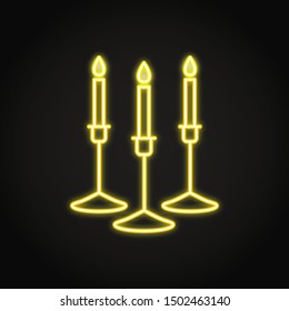 Candles in holder icon in neon line style. Chandeliers with burning candle sticks symbol. Home interior decor. Vector illustration.