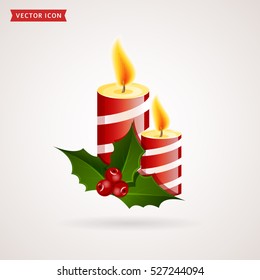 Candles with holly. Colorful vector icon. Traditional Christmas symbol.
