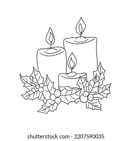 Candles and holly vector linear illustration. Outline. Pair of candles and holly evergreen symbol of Christmas