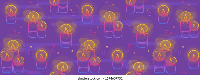 Candles horizontal cover in color line on purple background. Hanukkah symbol in Decorative vector. Social media design texture. Party backdrop. Happy holiday celebration Doodle for festive wallpaper.