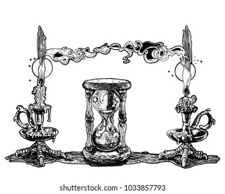 Candles and hourglass. Symbolic image of time. Hand drawn ink pen vector illustration on white background. Occult, witchcraft, ritual, horror, magic, dark, ancient, gothic, tattoo style concept. 