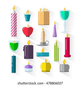 Candles icons set isolated on white background,  vector illustration. Interior decoration objects.  For Birthday, wedding and other events in flat style. 