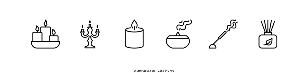 Candles icons set. Candles of warmth and light, aroma candles are presented. For logo, web design internet, user internet.