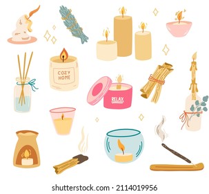 Colección de velas e incienso. Accesorios de aromaterapia. Aceite esencial, difusor de aroma, velas ardientes, palos de incienso, palo santo, salvia. Descanse en la relajación y en el confort de su hogar. Vector