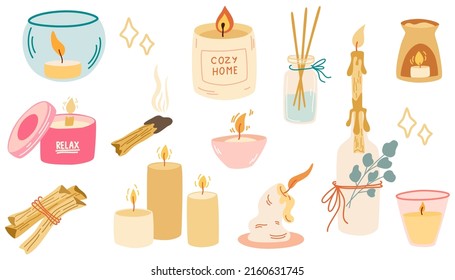 Candles and incense. Set for aromatherapy relaxation and home comfort. Candles, palo santo, scented candlesticks and candlesticks. Vector cartoon illustrations isolated on a white background.