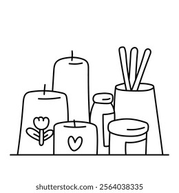 Candles and incense sticks, cozy home, decor. Black and white illustration, hand drawn coloring.