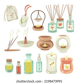 Velas y palos de incienso para ilustraciones de vectores de casa. Colección de fragancias, difusores y aceites esenciales para el hogar aislados sobre fondo blanco. Aromaterapia, relajación, concepto de confort