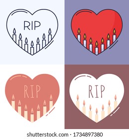 Candles inside the heart outline icon set. The concept of grief, loss, death. Vector illustration hand-drawn in doodle style