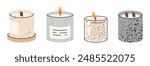 Candles in jar. Burning scented wax candles in glass jars, decorative minimalist design candles, aromatherapy and home interior decor flat vector illustration set. Hand drawn aroma candles
