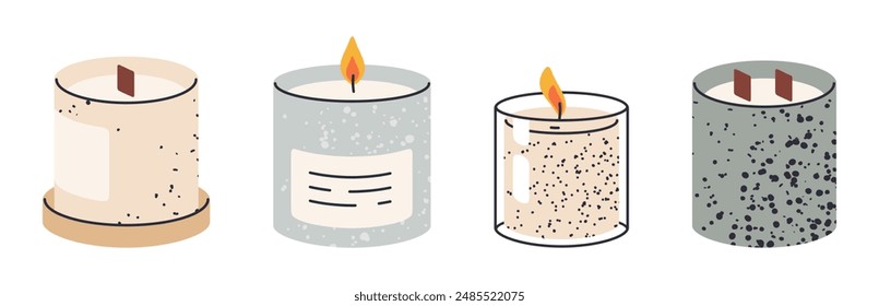 Velas en el tarro. Velas de cera perfumada ardiendo en frascos de vidrio, velas decorativas de diseño minimalista, aromaterapia y conjunto de Ilustración vectorial plana de decoración interior del hogar. Velas de aroma dibujadas a mano