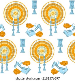 Candles, kiddush cup and challah. Shabbat shalom. Seamless background pattern. Vector illustration 

