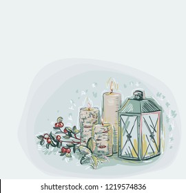 candles lamp snowflakes blue vector christmas card background soft color pastel paint style