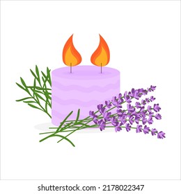 Kerzen mit Lavendelsprigs. Vektorgrafik einzeln auf weißem Hintergrund.