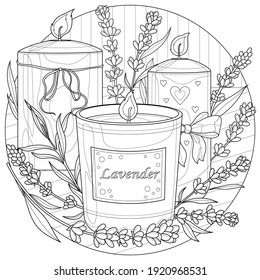 Candles with lavender.Coloring book antistress for children and adults. Illustration isolated on white background.Zen-tangle style. Black and white illustration.Hand draw