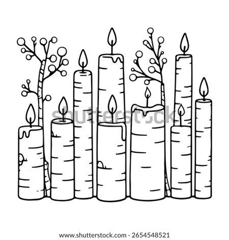 Candles, linear illustration of eco-friendly candles made from birch branches. Hand drawn, natural materials, wood, twigs and leaves. Symbol of nature, handmade products. black outline on white backgr