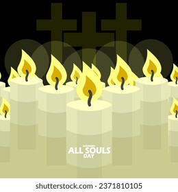 Candles lit in the dark with three crosses and bold text on a black background to commemorate All Souls Day on November 2