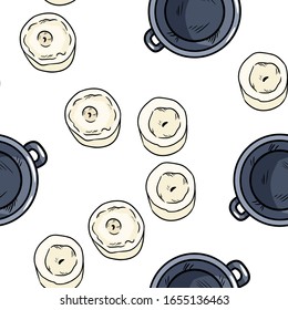 Candles and magic cauldrons comic style doodles top view seamless pattern. Cozy wiccan altar boho template texture background tile