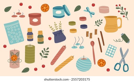 Candles making concept banner. Handmade candles workshop. DIY concept. Set of candles and objects for making them. Vector flat illustration.