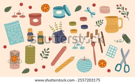 Candles making concept banner. Handmade candles workshop. DIY concept. Set of candles and objects for making them. Vector flat illustration.