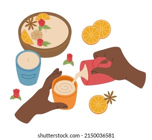 Candles making process. Human hands with ingredients for handmade. Creative workshop. Colorful vector illustration isolated on white background. Hand drawn in modern flat cartoon style.