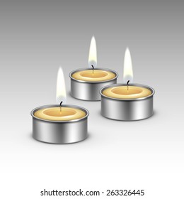 Candles in the Metal Candlesticks. Flame Fire Light. Realistic Vector Illustration Isolated on Background