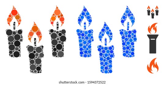 Candles mosaic of small circles in variable sizes and color tones, based on candles icon. Vector small circles are united into blue mosaic. Dotted candles icon in usual and blue versions.