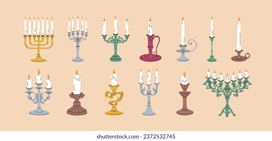 Candles in old vintage candlesticks set. Retro-styled candelabras designs. Ancient candlelights with fire flame in holders, bases. Elegant home decoration. Isolated modern flat vector illustrations