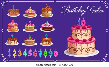 Candles on birthday cakes with age numbers from one to ten isolated vector icons. Happy birthday child party celebration. Cupcakes and colorful candle digits with fire light, anniversary candlelights