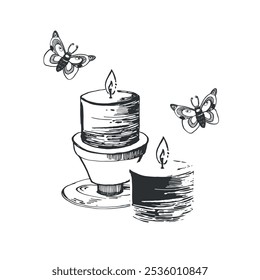 Velas en candelabros y mariposas nocturnas volando alrededor de la llama. Todos los objetos se dibujan a mano con tinta y se transfieren al Vector. Ilustración de Halloween. Adecuado para imprimir en postales.