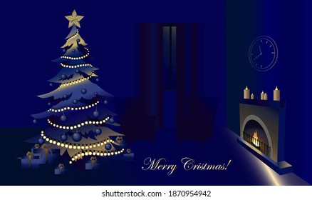 Candles on the fireplace in the living room with decorated christmas tree. Happy new year night 2021. For background, picture, poster, website. Vector illustration.