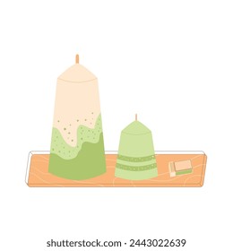 Candles on a wooden stand set. Handmade aromatic candlelight with match isolated in white background. Vector illustration.