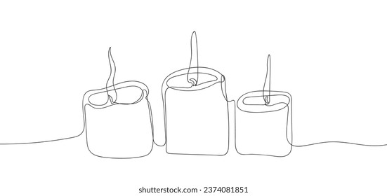 Candles outline continuous drawing. Hand-drawn three candles horizontal bar. Doodle,sketch,minimalism. Isolated on white background.