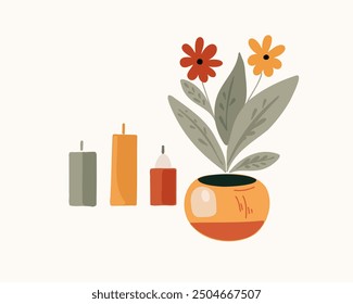 A candles and potted home flowers