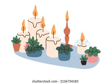 Candles and potted plants composition for aromatherapy and meditation. Aromatic romantic organic zen SPA set with glowing wax candlelight. Flat graphic vector illustration isolated on white background