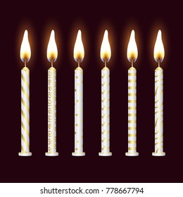 Candles realistic 3d set isolated on dark background, vector illustration