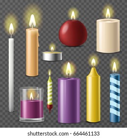 Candles realistic 3d set wax candle fire flame light isolated beeswax taper on transparent background vector illustration.