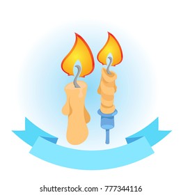 Candles and ribbon banner. Vector illustration isolated on white background for logos, stickers and other items.