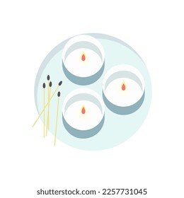 Candles round with fire and set of matches, on stand, spa treatments, aromatherapy. Vector illustration