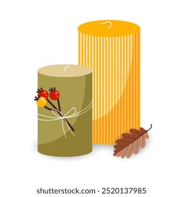 Candles with rowan tree branch and fall leaf. Autumn Vibe. Vector illustration in yellow and green colors