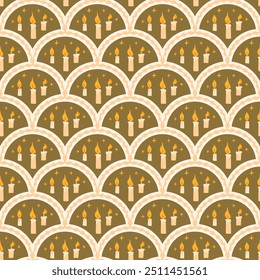 Candles scallop seamless pattern. Mystic arch repeat background. All Hallows' Eve retro endless design. Magic continuous surface. Vector hand drawn flat illustration.