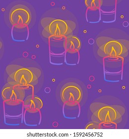 Candles seamless pattern in color line on purple background. Hanukkah symbol in Decorative vector. Textile design texture. Party backdrop print. Holiday Doodle for festive tile cover.