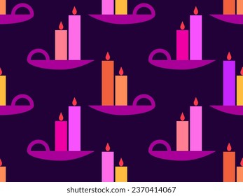 Candles seamless pattern. Multi-colored burning candles on a saucer. Christmas pattern with candles. Xmas and New Year holiday design for wallpapers, greeting cards and banners. Vector illustration
